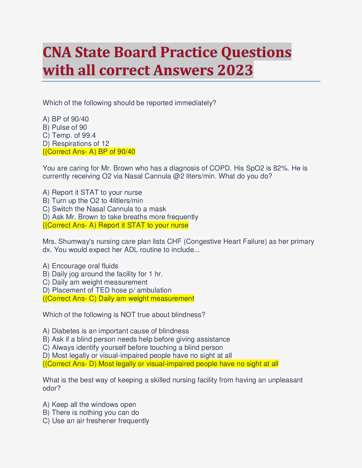 Preview image for CNA State Board Practice Questions with all correct Answers 2023